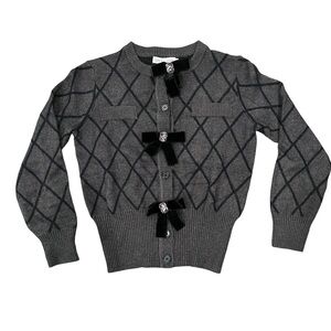 Nancy Yang Diamond Knit Cardigan Velvet Bow Jewel Button Sweater Gray Small NWT